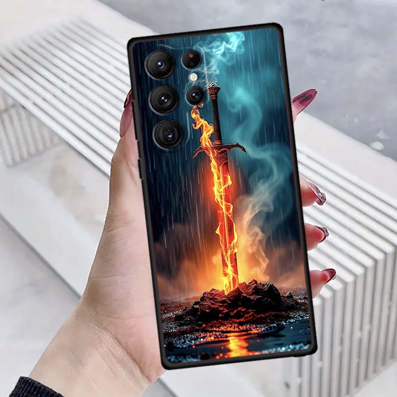 Ancient style swordsman For Samsung Galaxy S26 S25 S24 S23 S22 S21 S20 Ultra Plus FE 5G Black Soft TPU Phone Case