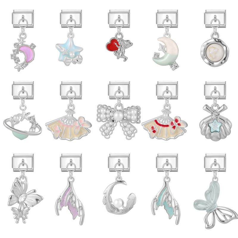 New Glitter Bow Shell Moon Butterfly Heart Cherry Dreamy Pendant Italian Charm Links Fit 9MM Stainless Steel Bracelet DIY Making