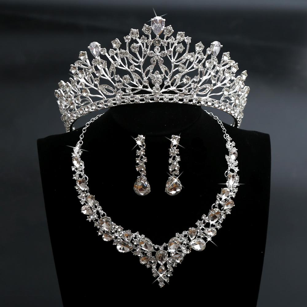 

3 шт. Роскошные хрустальные свадебные циркониевые наборы Женские медные ожерелья и серьги Набор Свадебное платье невесты День рождения Набор короны Аксессуар