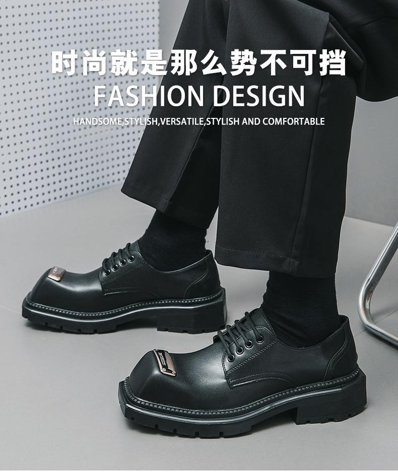 Spring platform business big head leather shoes men's foreign trade fashion lace-up men's shoes heightening black square head leather shoes men's