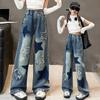 Girls Star Design Casual Loose Jeans Teens School Children Trousers for Spring Autumn Elastic Waist Fashion Kids Straight Pants