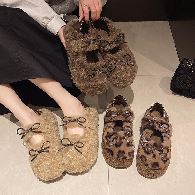 Internet Celebrity Bow Korean Version Ladyshoes High Sense Beautiful Hair Shoes Leopard Print 2025 New Velvet Bean Non-slip Cotton Shoes