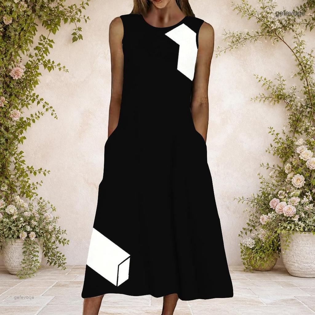 Women Plus Size Round Neck Sleeveless Black White Geometric Printed A Line Long Dress With Side Pockets