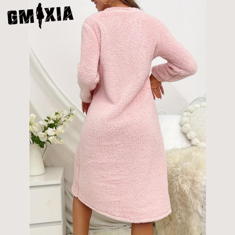 GMXIA Toamnă și Iarnă Femei Roz Dragoste Flanel Mânecă Lungă Îngroșat Set de Cămașă de Noapte Cap în Secțiunea Lungă a Cămășilor de Noapte Drăguțe pentru Acasă