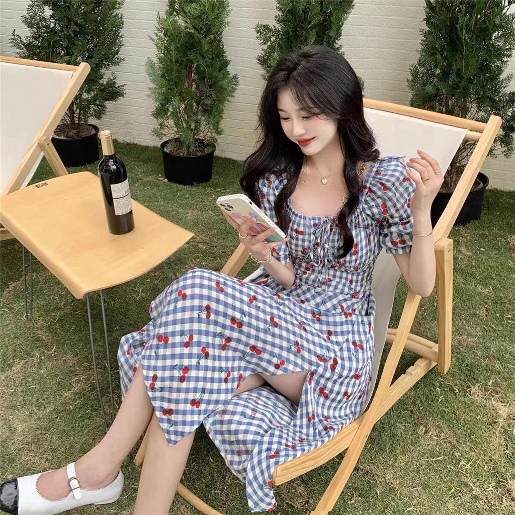 2024 French Retro Sweet Tea Break Summer Dress - Slim Waist, Square Neck