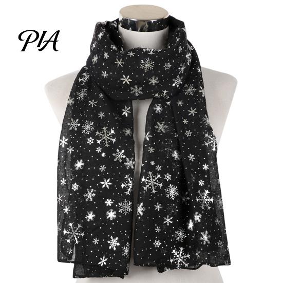 Soft Fabric Winter Gift Glitter Sparkly Foil Snowflake Print Scarf for Women, Christmas Warm Fashionable Neckwear Theme Shawl Wrap, Fall Lightweight