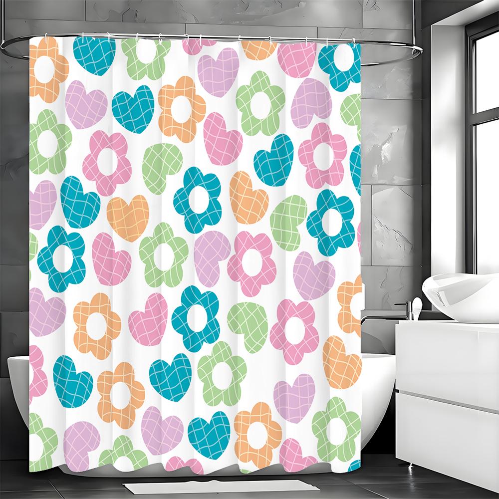 Colorful Love Heart Flower Plaid Shower Curtain, Bathroom Decorative Shower Curtain, Waterproof Shower Curtain with Hooks