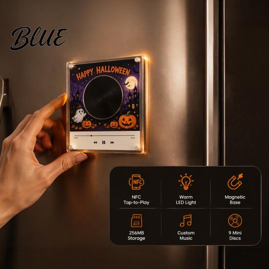 Decorative Acrylic Fridge Magnet Record Player for Christmas Halloween with 9 Programmable Records NFC Music Disc Enabled Vinyl Albums Refrigerator