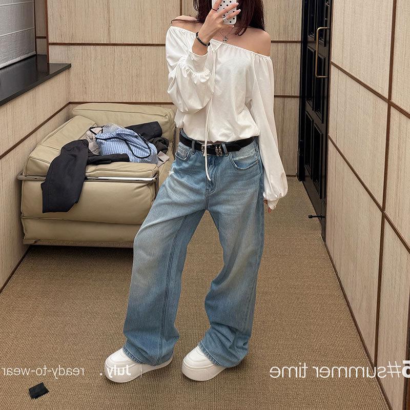

SUNONEONE Women s Retro Blue Loose Denim Jeans - Casual Straight-Leg Petite Summer Pants Medium синий