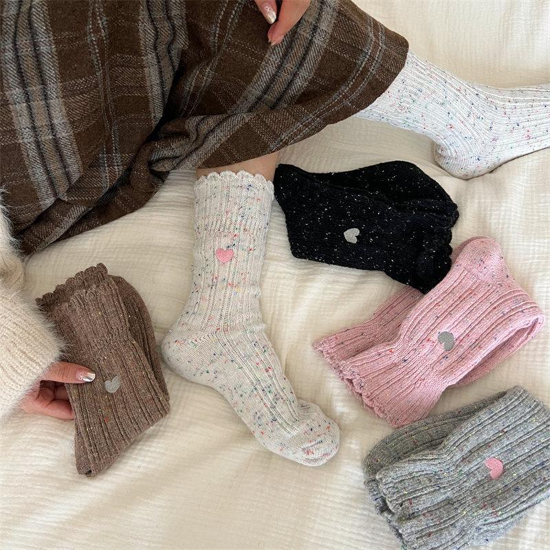 Coarse Needle Dot Yarn Embroidered Love Socks Women'S Mid-Tube Socks Trendy Wool Vintage Pile Stockings