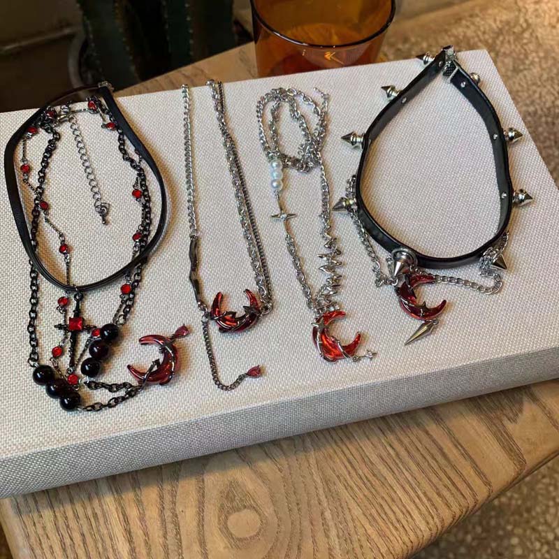 Punk Red Crystal Cross Moon Pendent Necklace for Women Men Gothic Hip Hop Star Tassel Chain Necklace Aesthetic Zircon Gifts