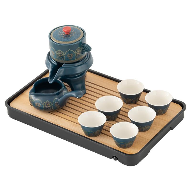Household tea brewing light luxury blue ancient rhyme automatic tea set Household lazy tea brewing device light luxury ceramic stone grinding teapot