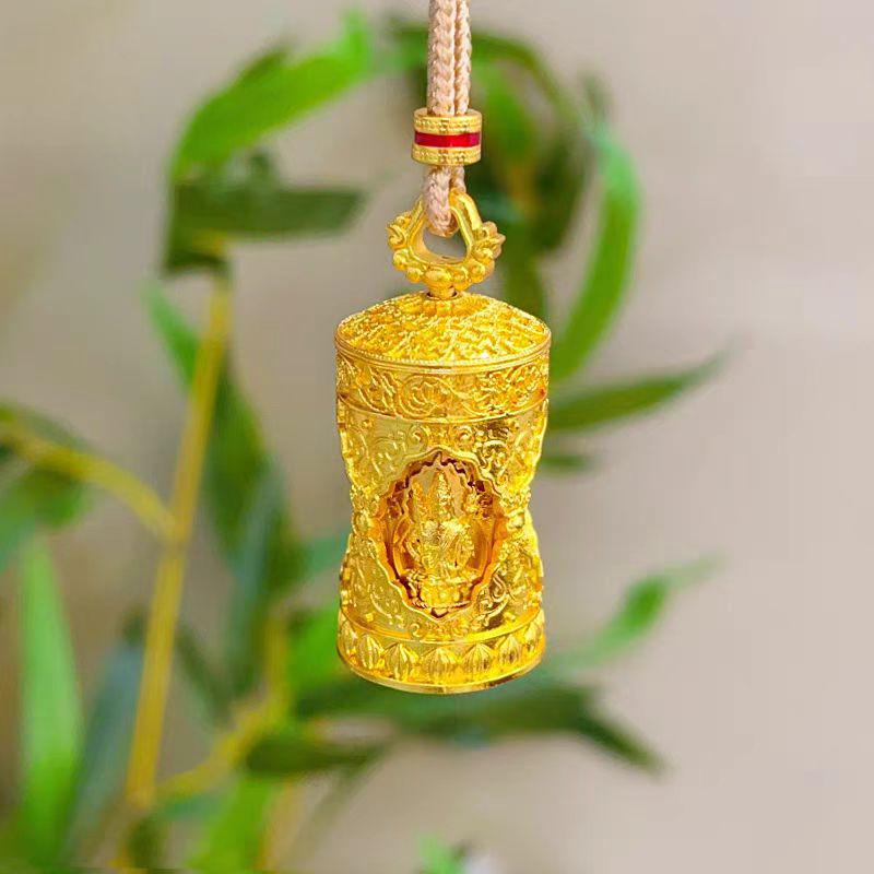 Gold Four-Faced Buddha Prayer Wheel Pendant with Rotatable Sand Gold Barrel Chain