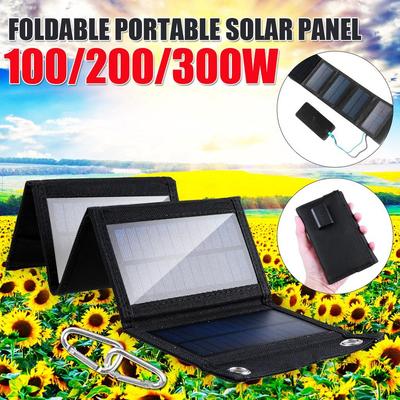 5V 100W/200W/300W USB Foldable Solar Panel Portable Flexible Small Waterproof Folding Solar Panels Cells For Mobile Phone Battery Charger Black