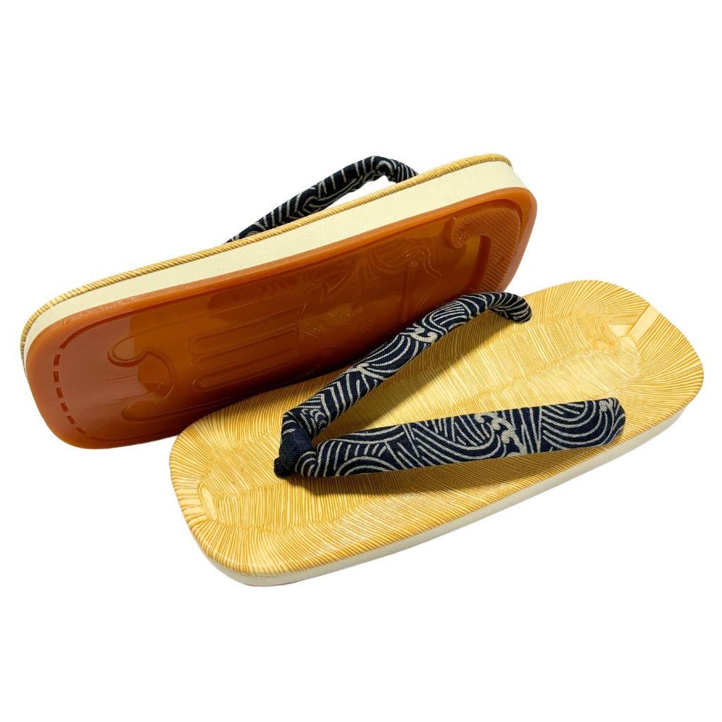 Edoten Geta Made in Yellow Tatami Ame Dyed Rough Size LL Sandals, Japan, Fabric, Non-Slip Sole, Waves,