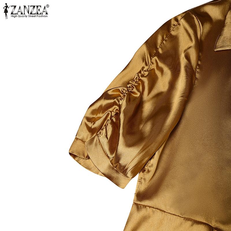 ZANZEA Damska Bluzka Satynowa z Kołnierzykiem i Krótkim Rękawem, Luźna, Casualowa, Patchworkowa