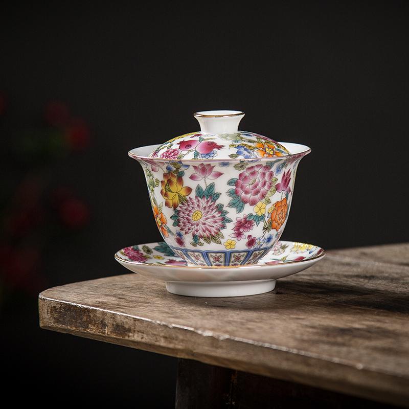 

150 мл Palace Luxury Enamel Ceramic Gaiwan Tea Cup Hand Painted Flower Pattern Tea Suen Дорожная миска для чая ручной работы Чайная утварь 9.4x9cm 150ml