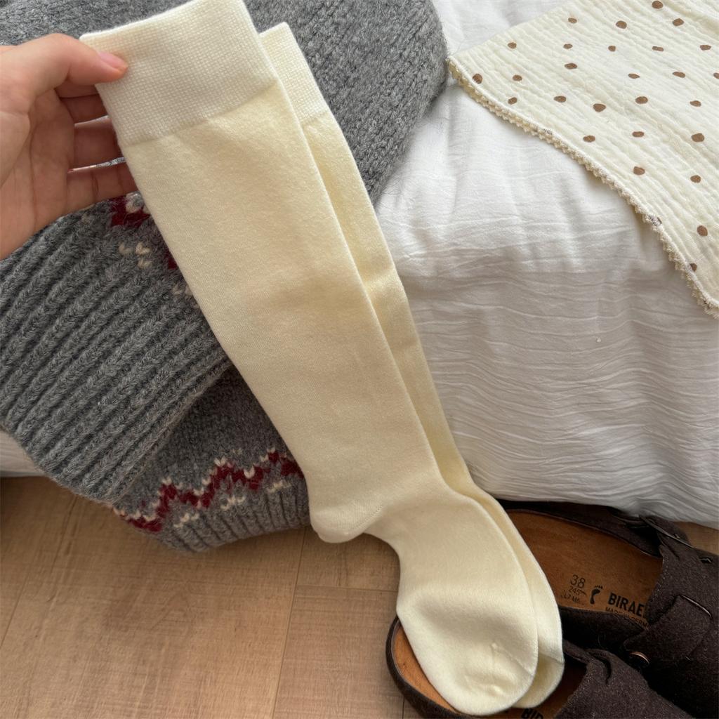 Wool Calf Socks Women's Autumn and Winter Thickened Warm Stockings Japanese Simple Solid Color All-match Outer Wear College Style Socks