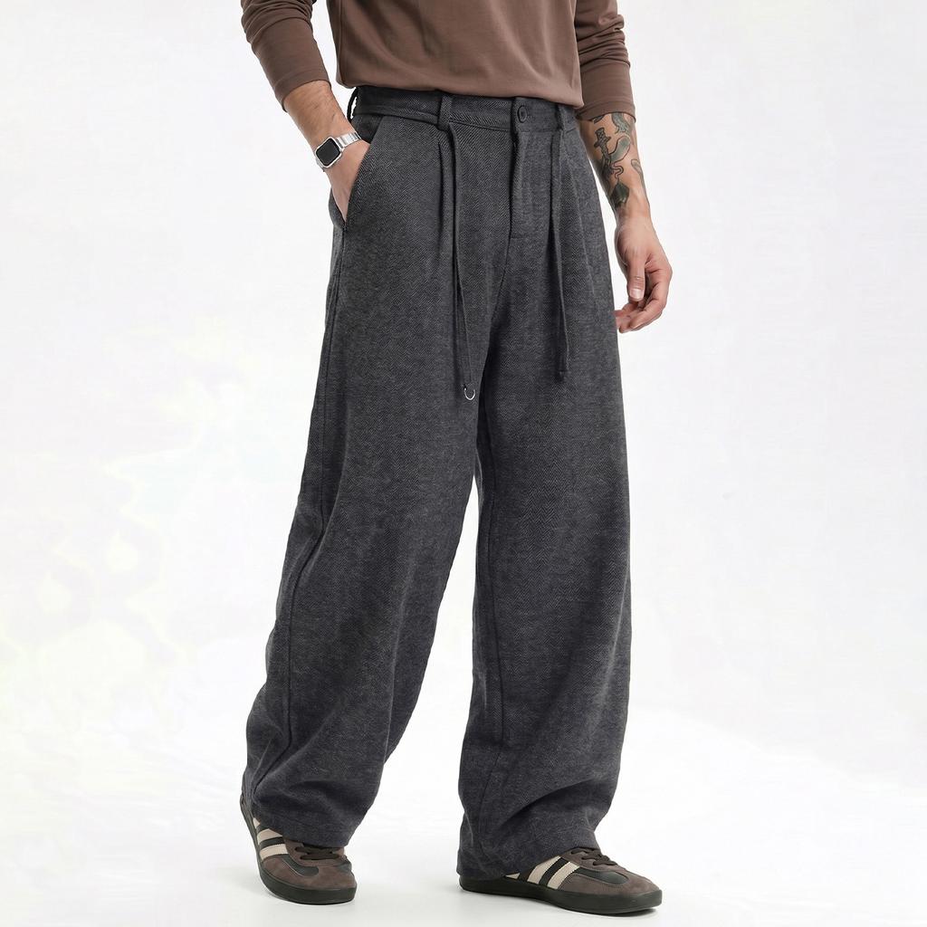 | Retro Old Money Woolen Trousers Men's Autumn Silhouette Loose Casual Pants Texture Thin Belt Trousers