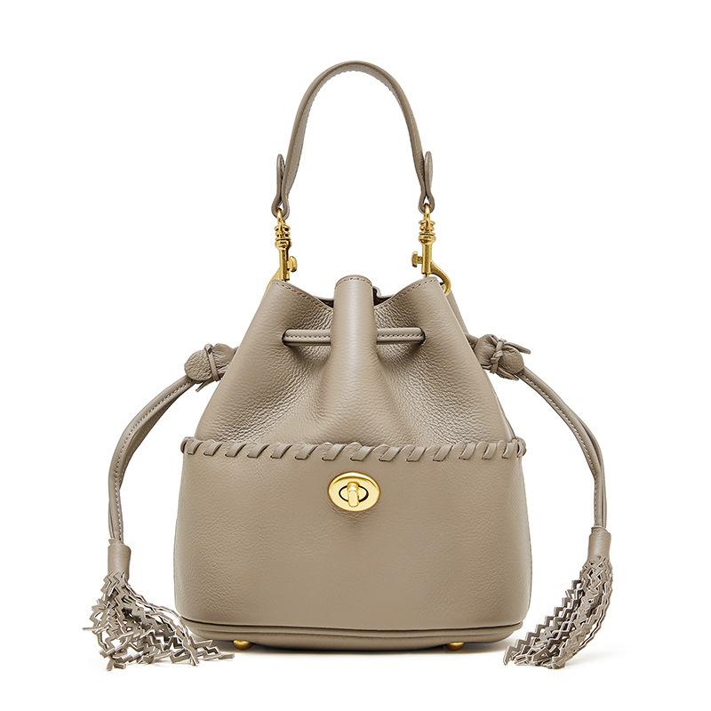 Women's Bag First-layer Cowhide Handbag New Leather Fringed Bag High-end Drawstring Design Shoulder Messenger Bag