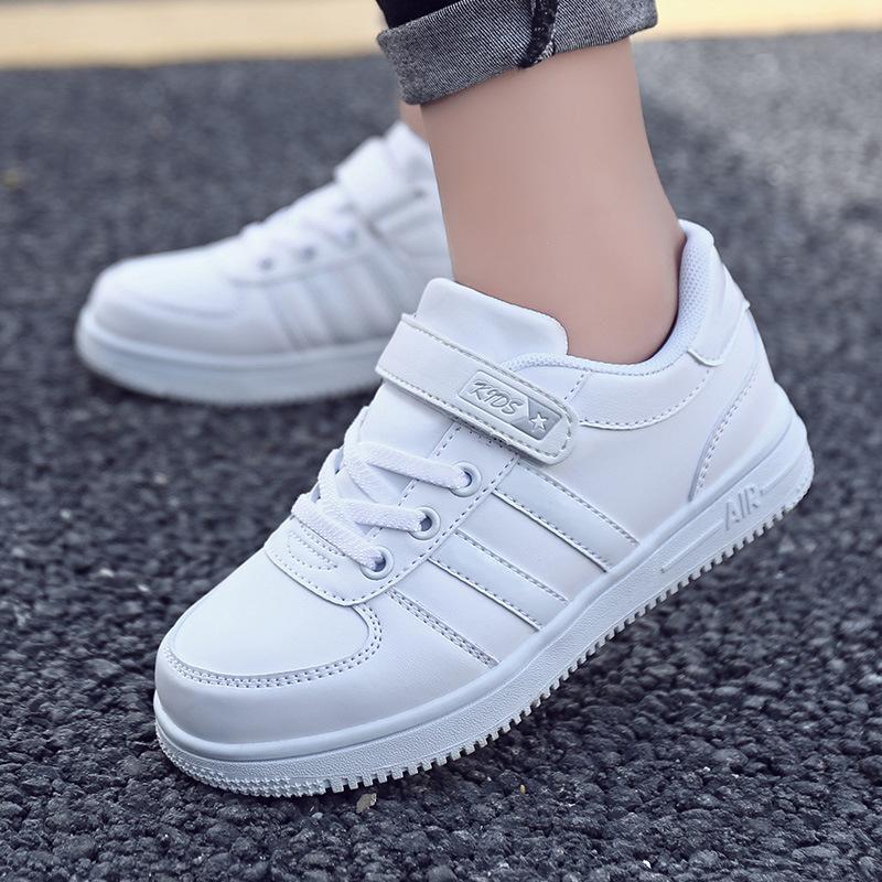 Students Children Little White Shoes Boys Flat Sneakers Girls Elementary School Leather Running Shoes Medium Older Children Board Shoes