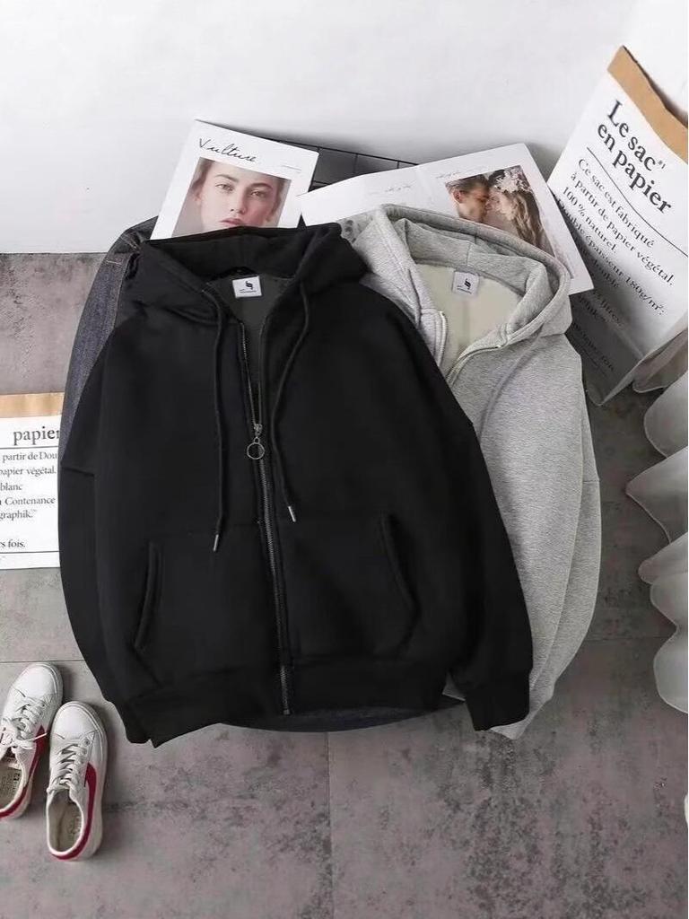 Herren Einfacher Reißverschluss-Kapuzenpullover für Herbst/Winter: Locker, Lässiger Amerikanischer Stil, Mit Samt gefüttert, Große Größen