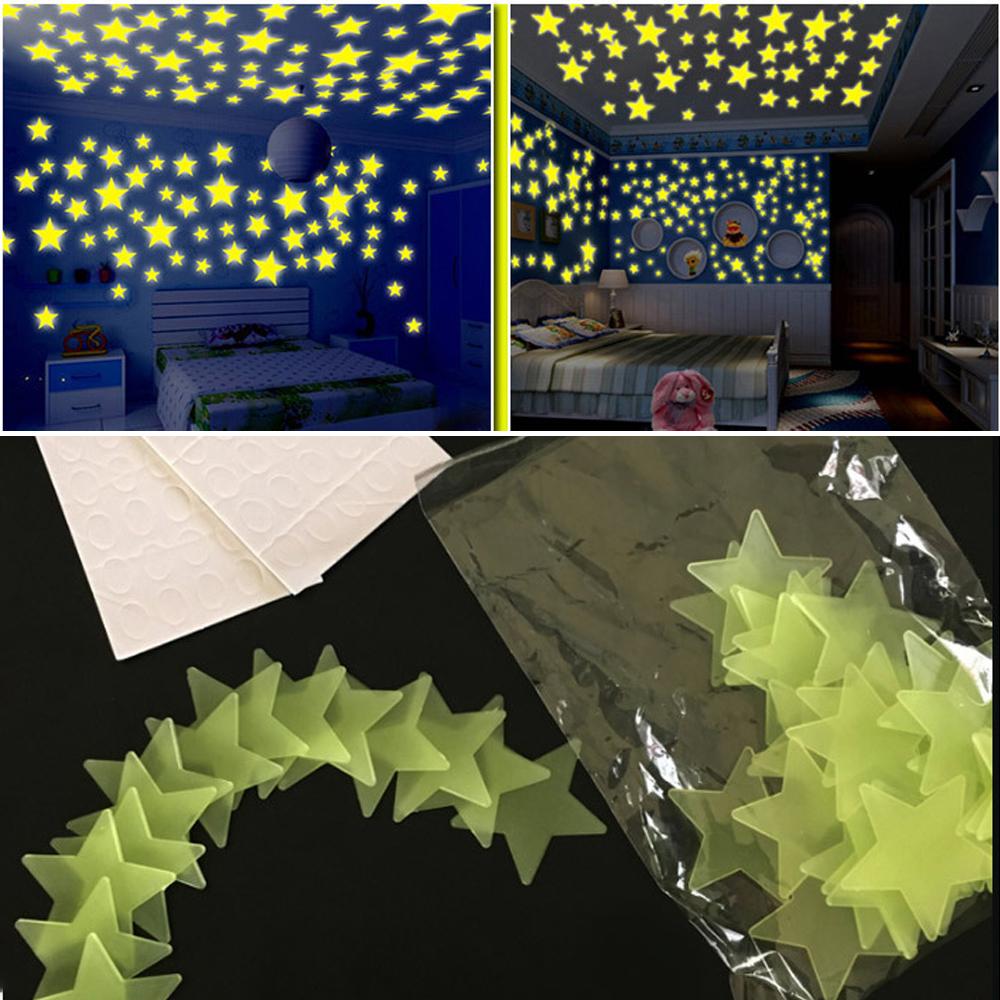 100 Pcs Luminous Fluorescent Wall Stickers 3D Stars Glow in The Dark Wall Stickers for Kids Baby Room Bedroom Ceiling Home Decor