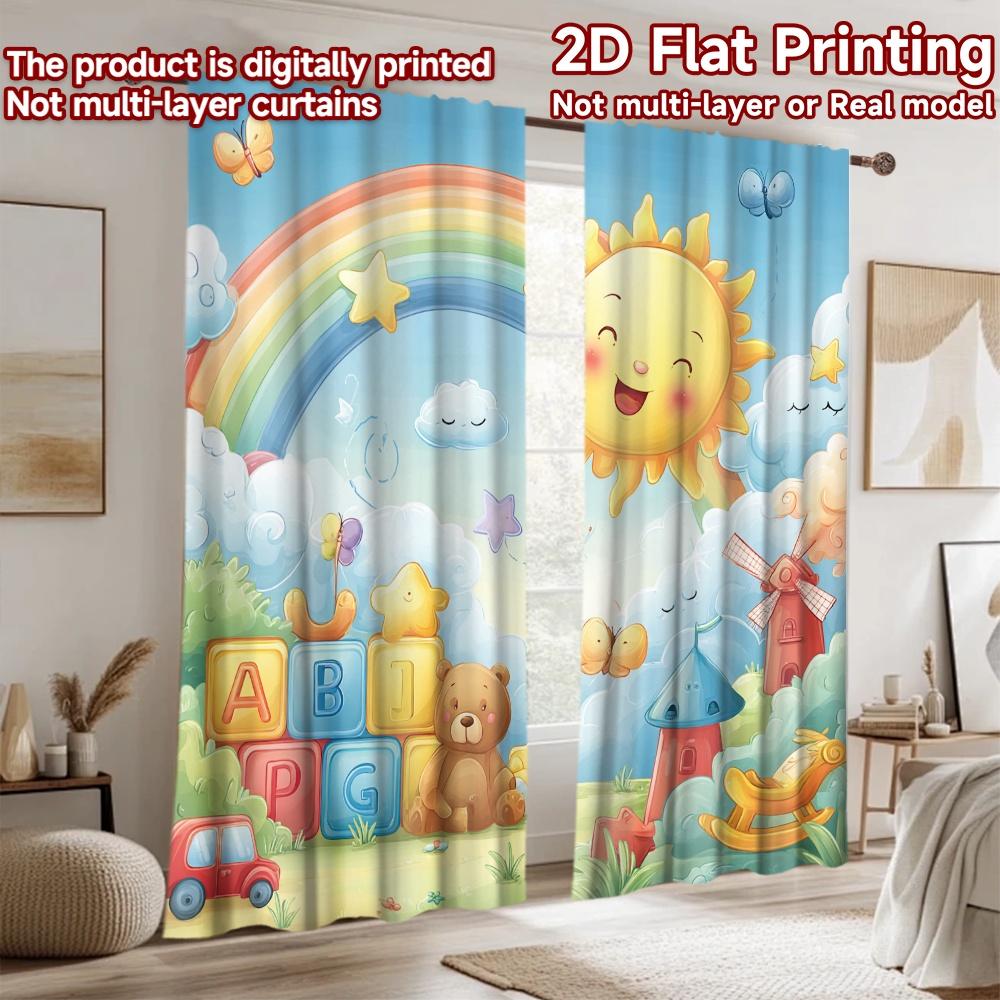 2D flat printing 2pcs Party Curtains Cute Teddy Bear Rainbow Blocks Digital Printed Polyester Drapes Festive Curtains for