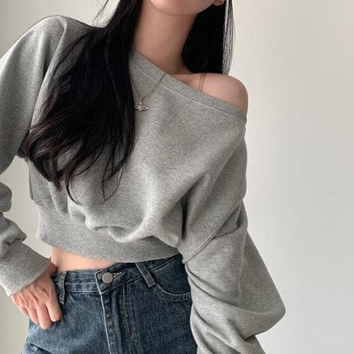 Koreanisch Chic Herbst Winter Nische Elegant Schulterfrei Locker Lässig Vielseitig Cropped Langarm Einfarbig Kapuzenpullover Damen
