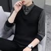 Fake Two-piece Sweater Men's Black Spring Autumn Season New Casual Fashion Shirt Collar Striped Plaid Bottoming Shirt Top