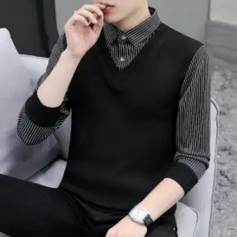 Fake Two-piece Sweater Men's Black Spring Autumn Season New Casual Fashion Shirt Collar Striped Plaid Bottoming Shirt Top