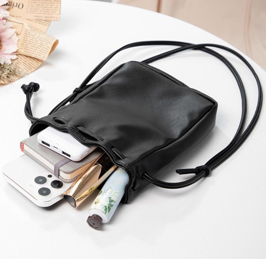 NICE SELECTION Mini-Kordelzug-Umhängetasche für Damen, Mini-Tasche, Kordelzug-Umhängetasche mit Smartphone-Tasche, Stilvoll, 2-Wege, Crossbody oder Umhängen