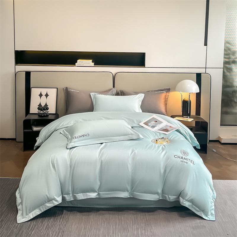 Embroidery Pure Cotton Four-piece Quilt Cover Solid Color Bed Sheet Light Luxury Style Bedding