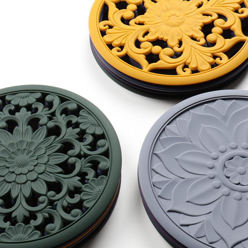3pcs/Set Silicone Tableware Mat Vintage Hollow Carving Silicone Pad Heat-insulated Bowl Cup Pot Placemat Home Table Decor