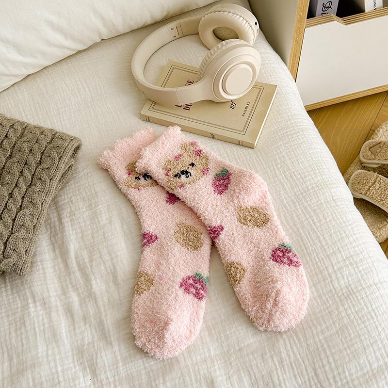 Fashion Coral Fleece Women Socks Warm Home Floor Socks Cartoon Strawberry Bear Socks Plush Mid Tube Sleep Socks