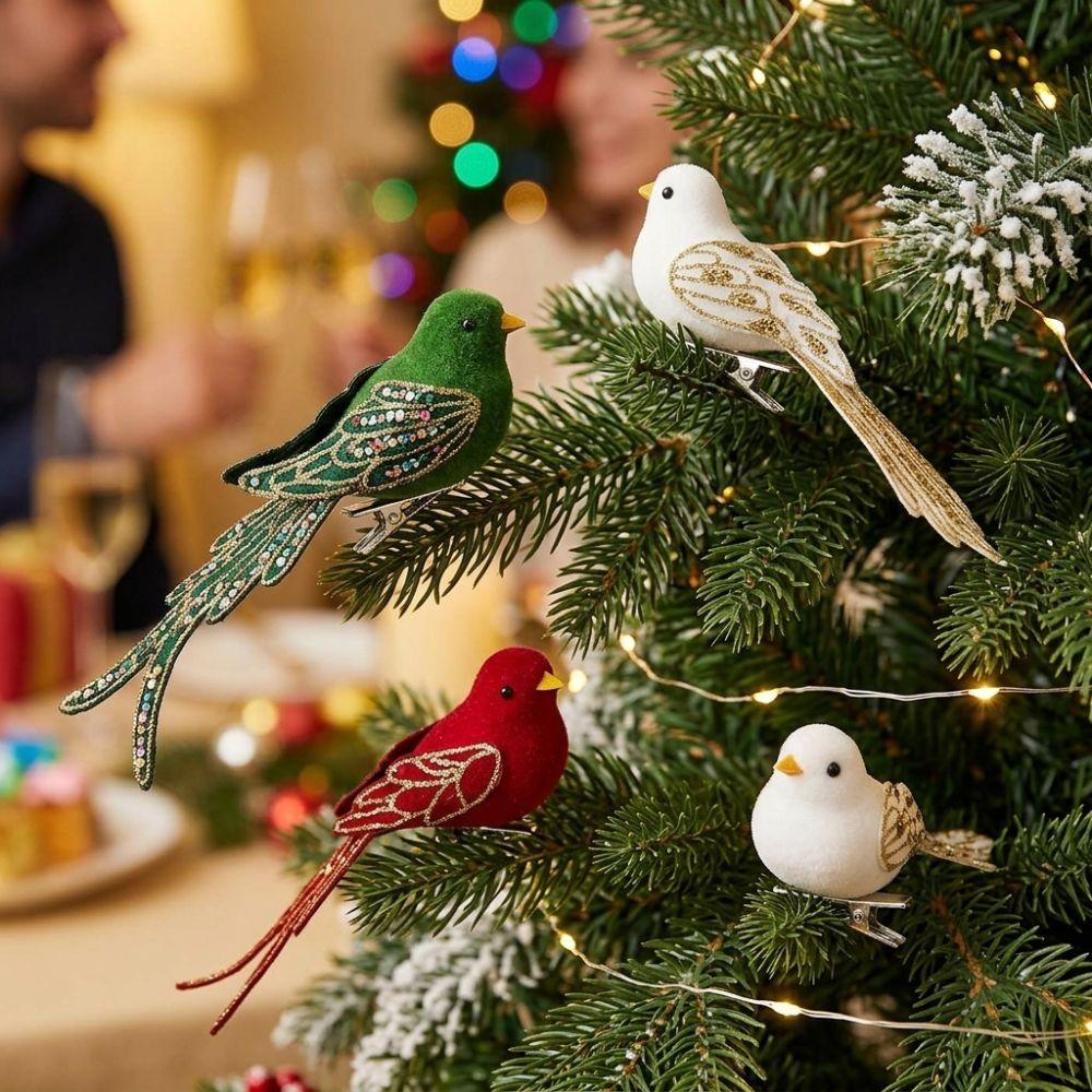 Sequin Long-Tail Glitter Christmas Bird Clip Ornament Soft Fluffy Colorful Flocked Hummingbird Xmas Decor Realistic Handicraft