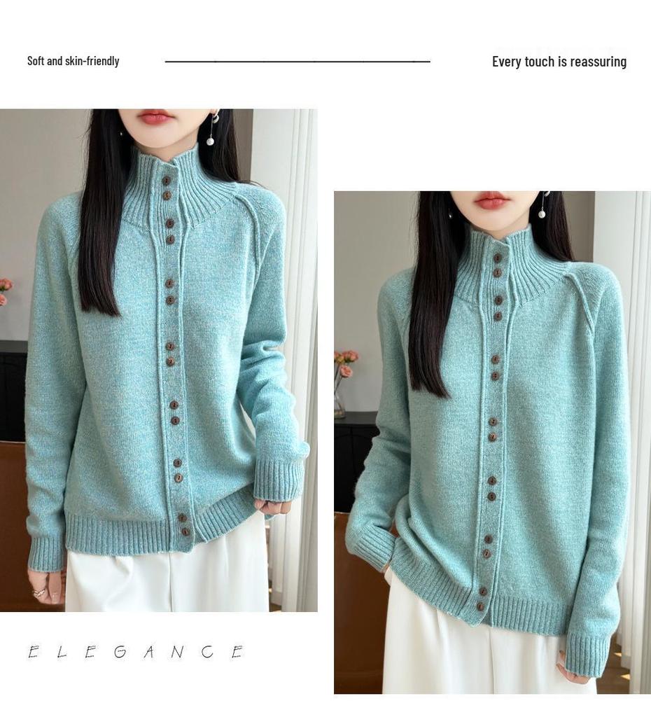 Women's Heathered Wool Stand-Up Collar Cardigan Sweater - Long Sleeve, Double-Strand, Thickened Knit for Autumn & Winter
