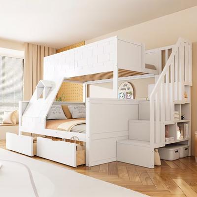 Children's Bed, Bunk Bed with Safety Ladder, Drawers and Window; Upper Bed 90 X 200, Lower Bed 140 X 200; Sturdy Solid Wood Frame