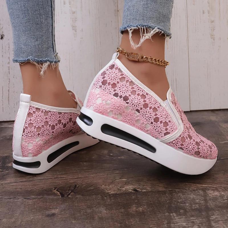 With White Lace Flowers Design Women's Sneakers 2025 Autumn New Mesh Breathable Slip On Women Loafers Shoes Zapatillas De Mujer