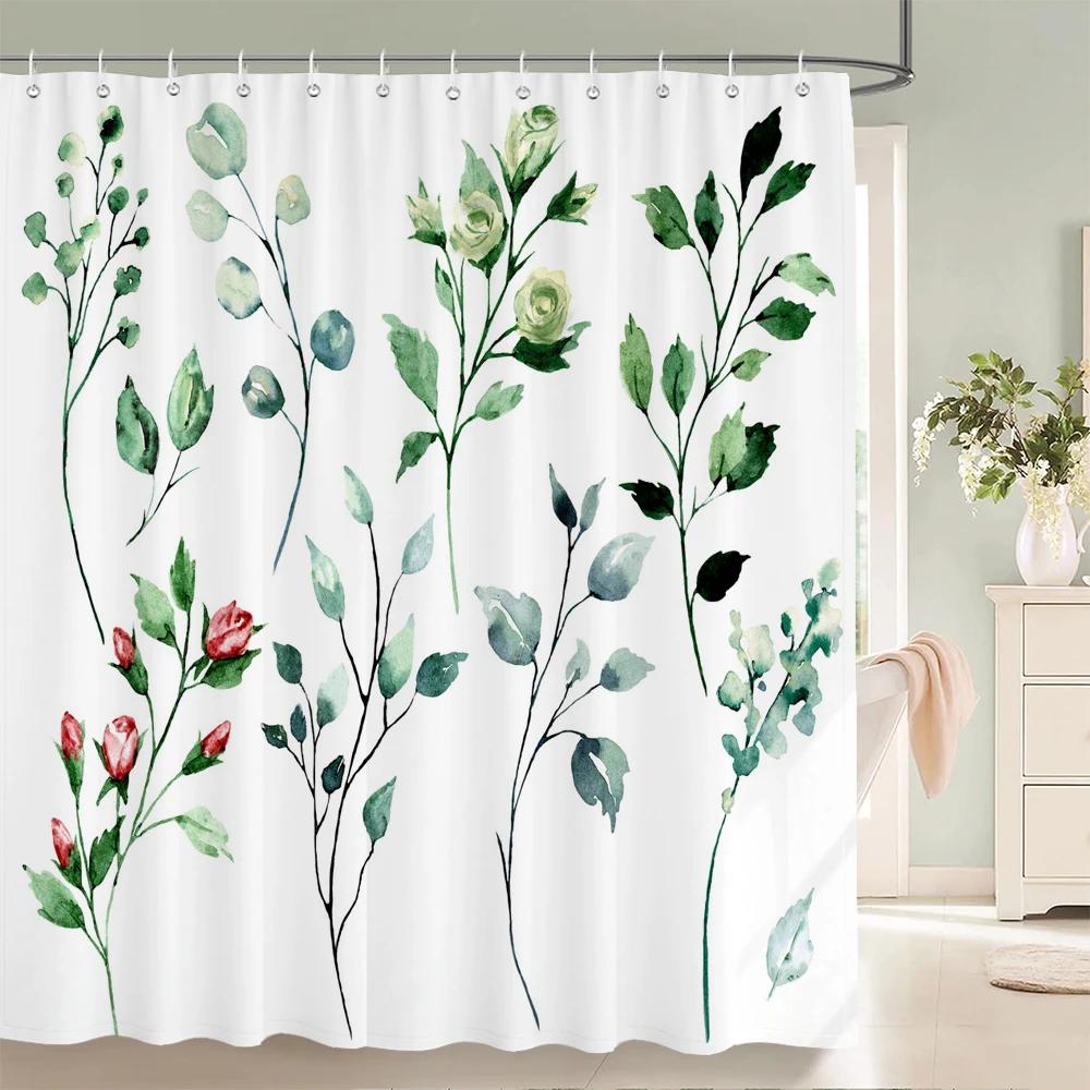 

Fresh Green Plant Flowers Leaves Shower Curtain Bathroom Curtains Waterproof Polyeste Fabric Bathtub Decor With Hooks 180X180Cm W60H190(CM)-1 Pcs
