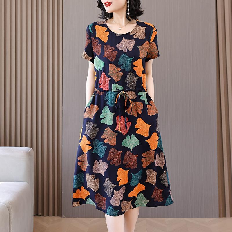Summer Woman Elegant Dress  New Casual Short Sleeve Korean Style Clothes Women Vintage Print Long Dress
