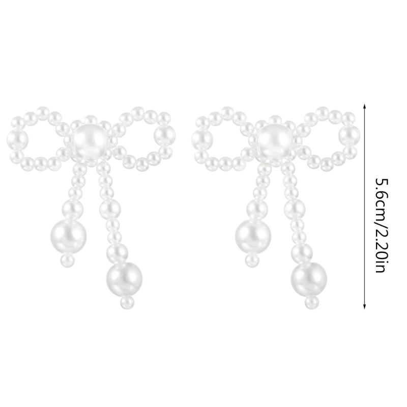 Fashionable Imitation Pearls Ear Clips Exquisite Pearls Beaded Bowknot Dangle Ear Studs for Daily Wear Dates Parties