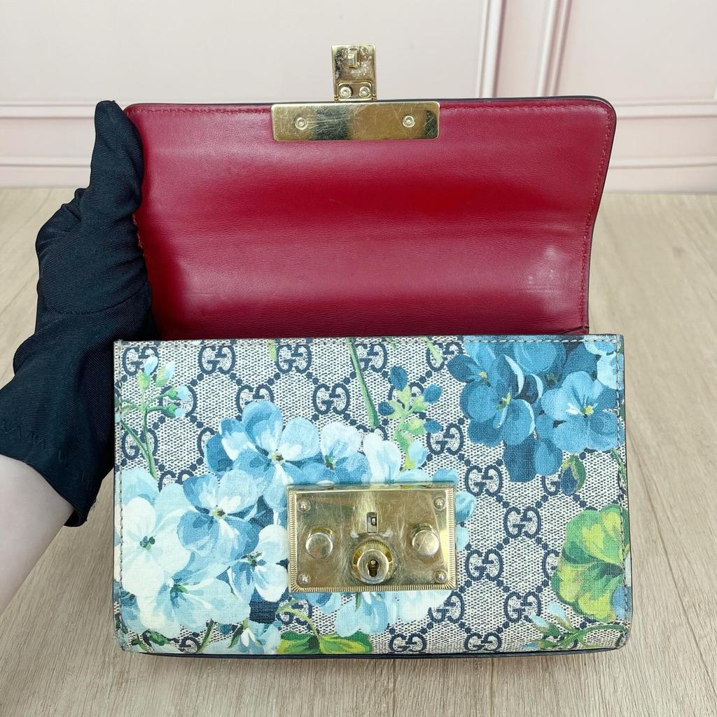 [Pre-Owned] Padlock Metal Lock Buckle Bag GG Blooms Logo Geranium Print Canvas And Leather Box Bag Chain Shoulder Crossbody Bag S - Very Good #1YDVWPF