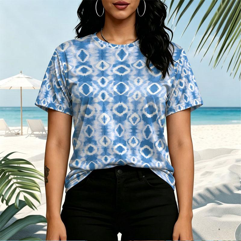 Women's Geometric Series Crew Neck Short Sleeve T-Shirt Korean Basic Comfy Tee for Daily Wear, Beach Vacations & Short Trips, Versatile Casual Top