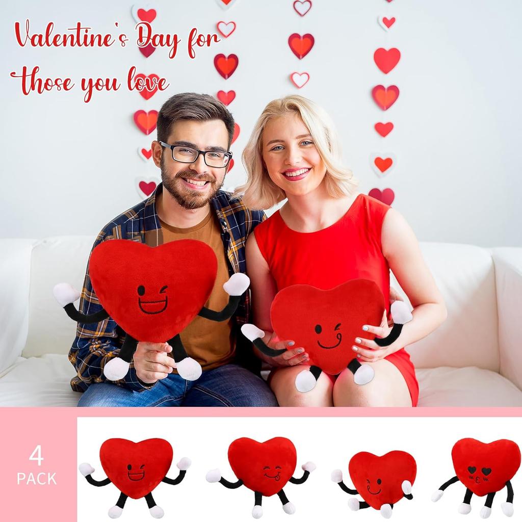 Syhood 4 Pcs Heart Stuffed Plush for Valentine's Day Gifts Plush Love Pillow Cushion Toys Red Heart Stuffed Figure Toys for Boys Girls Classroom