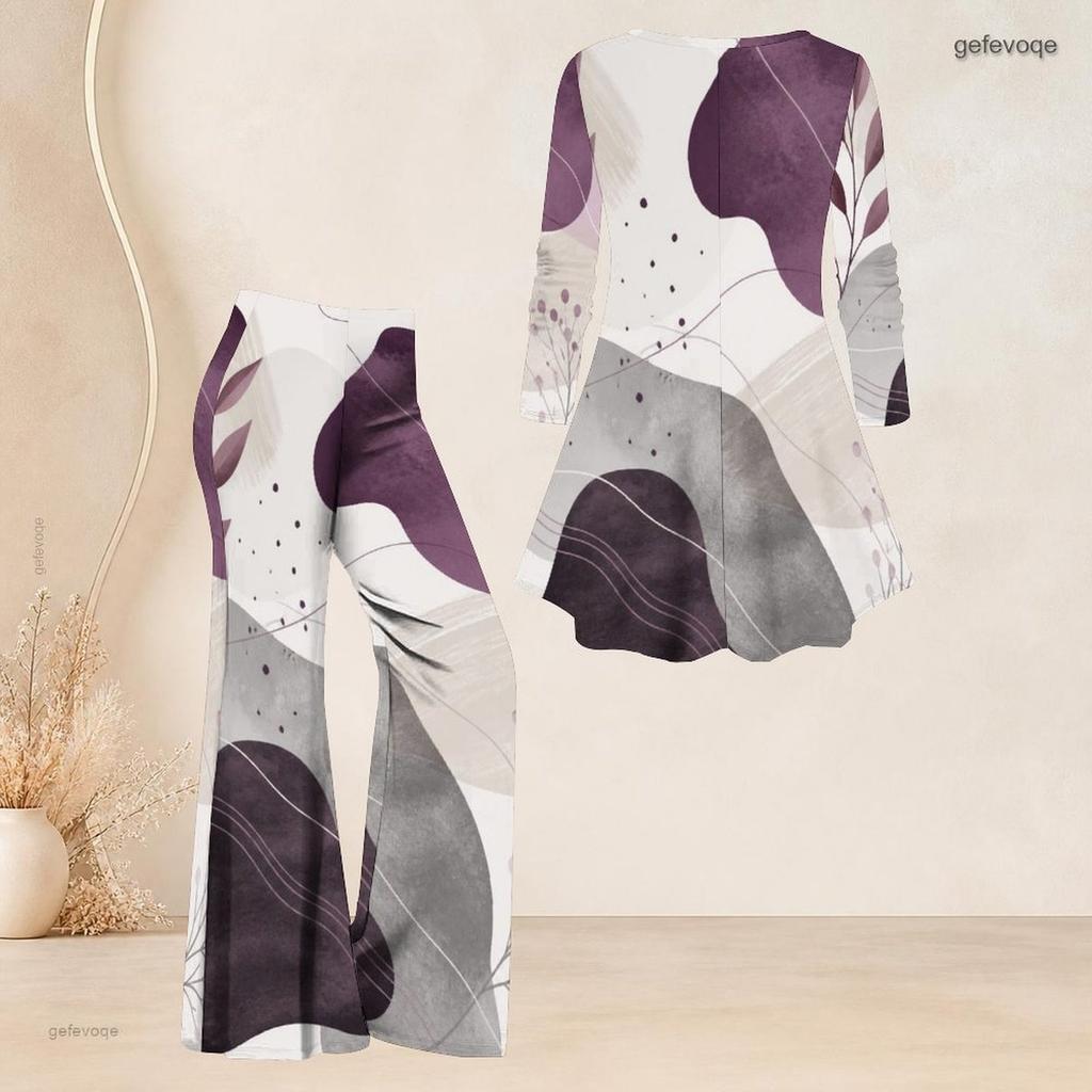 Women Plus Size Printed Round Neck Three Quarter Sleeve Flared Top Flared Pants Two Piece Set