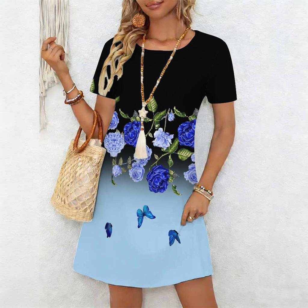Women's Fashion Graceful Beautiful Colorful Flowers Grass Colorful Flowers and Small Grass Print Summer Spring Short Sleeve O-Neck Casual Dresses