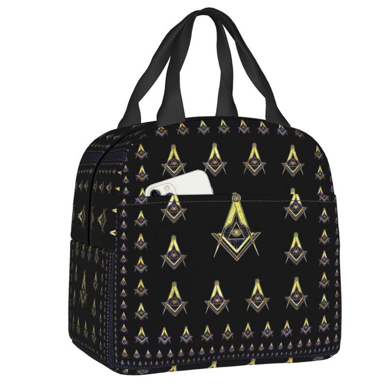 Custom Freemason Square & Compass Gold Masonic Thermal Insulated Lunch Bag Women Resuable Lunch Tote for Picnic Storage Food Box
