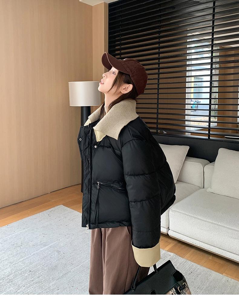 Knitted Lapel Short Down Jacket Women's Winter Thickened PU Leather Stitching Jacket