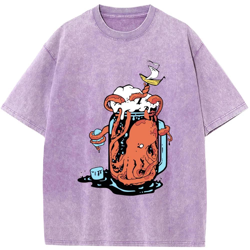 Cup and Octopus Printed Men's Short-Sleeved T-shirt Grams Of High-Quality Washed Old Tshirt Unisex Breathable Casual Tees